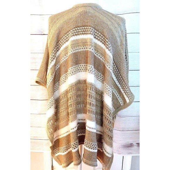 CHICO'S One Size Open Crochet Poncho With Fringe Neutral BOHO Bohemian Natural - Picture 3 of 9